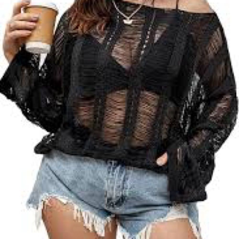 NWT JOHN PAUL RICHARD 2X 3/4 Bell Sleeve Pom Rim Lace Overlay Top